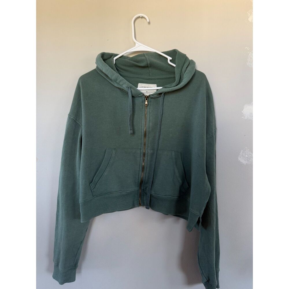 Aéropostale Sage / Muted Green Cropped Full-Zip Fleece Hoodie - Size Medium